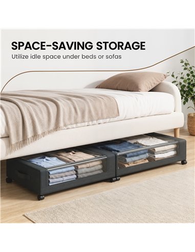 HOMCOM 40L Under Bed Storage On Wheels Pack of 2, Fabric Rolling Under Bed Drawers with Clear Lid, Zip, Steel Frame, Black