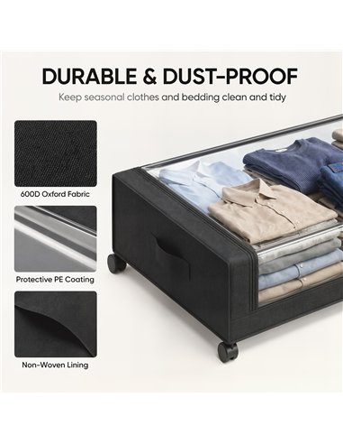 HOMCOM 40L Under Bed Storage On Wheels Pack of 2, Fabric Rolling Under Bed Drawers with Clear Lid, Zip, Steel Frame, Black