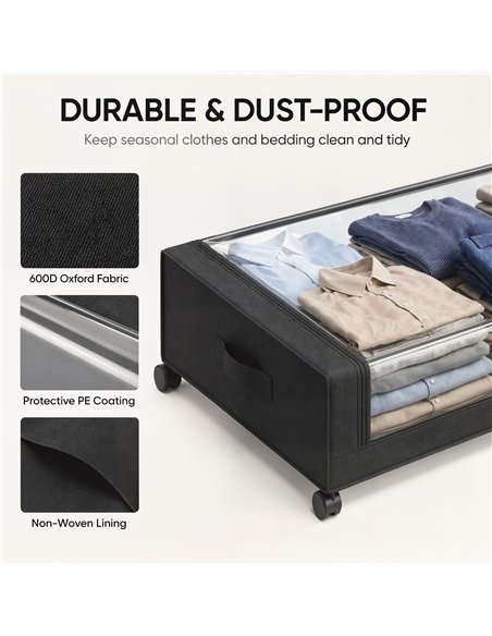 HOMCOM 40L Under Bed Storage On Wheels Pack of 2, Fabric Rolling Under Bed Drawers with Clear Lid, Zip, Steel Frame, Black - pic 211216 | FastDaddyshop