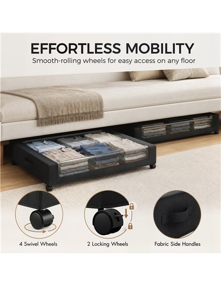 HOMCOM 40L Under Bed Storage On Wheels Pack of 2, Fabric Rolling Under Bed Drawers with Clear Lid, Zip, Steel Frame, Black - pic 211217 | FastDaddyshop