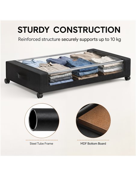 HOMCOM 40L Under Bed Storage On Wheels Pack of 2, Fabric Rolling Under Bed Drawers with Clear Lid, Zip, Steel Frame, Black - pic 211218 | FastDaddyshop