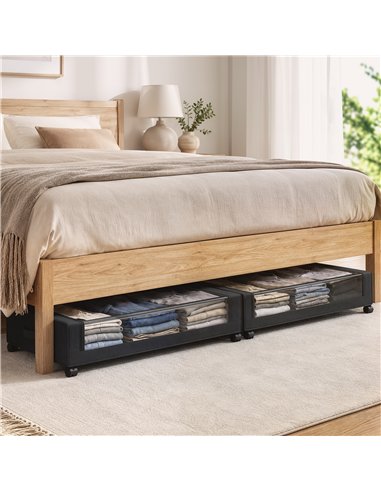 HOMCOM 40L Under Bed Storage On Wheels Pack of 2, Fabric Rolling Under Bed Drawers with Clear Lid, Zip, Steel Frame, Black
