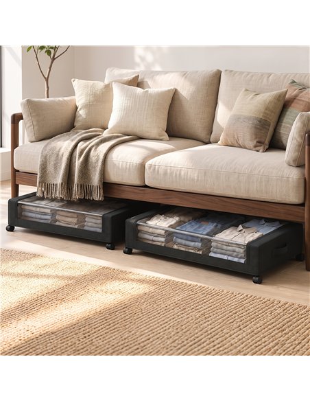 HOMCOM 40L Under Bed Storage On Wheels Pack of 2, Fabric Rolling Under Bed Drawers with Clear Lid, Zip, Steel Frame, Black - pic 211220 | FastDaddyshop