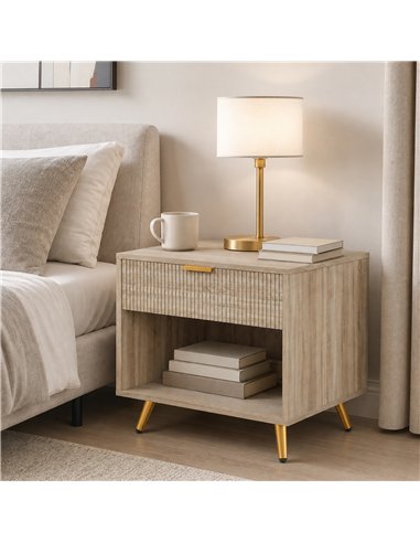 HOMCOM Bedside Table with Drawer and Open Compartment, Nightstand with Handle for Bedroom, Living Room, Natural Wood Finish