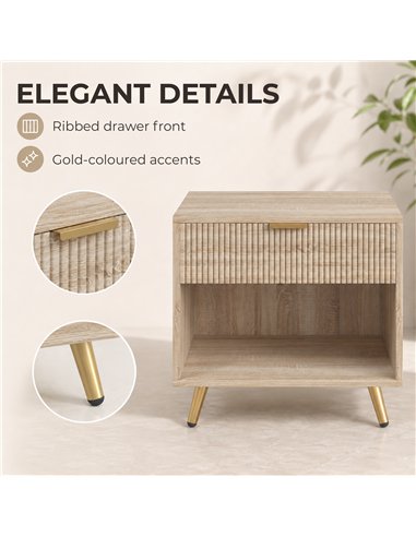 HOMCOM Bedside Table with Drawer and Open Compartment, Nightstand with Handle for Bedroom, Living Room, Natural Wood Finish