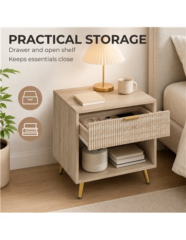 HOMCOM Bedside Table with Drawer and Open Compartment, Nightstand with Handle for Bedroom, Living Room, Natural Wood Finish