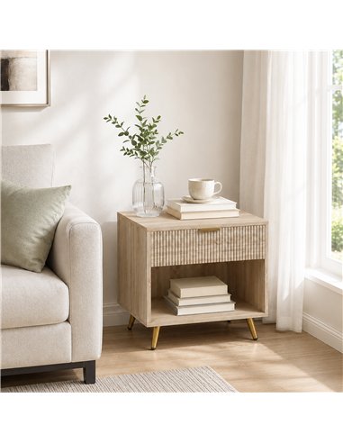 HOMCOM Bedside Table with Drawer and Open Compartment, Nightstand with Handle for Bedroom, Living Room, Natural Wood Finish