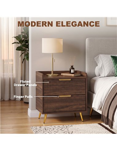 HOMCOM Elegant Two-Drawer Bedside Table - Walnut Brown