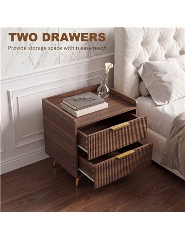 HOMCOM Elegant Two-Drawer Bedside Table - Walnut Brown
