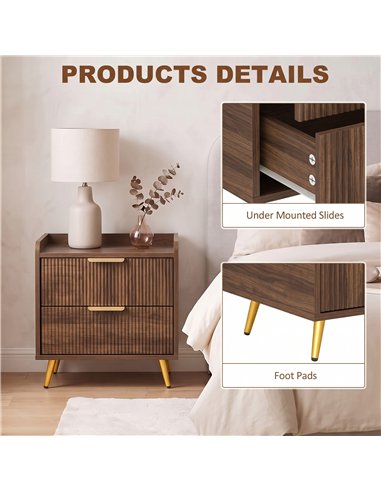 HOMCOM Elegant Two-Drawer Bedside Table - Walnut Brown