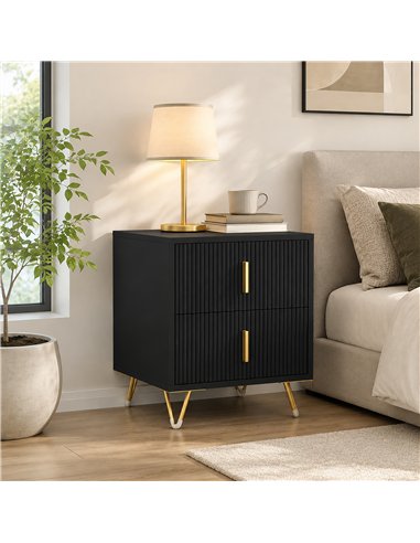 HOMCOM Elegant Fluted Bedside Table - Black/Gold-Tone