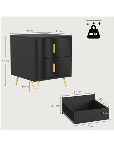 HOMCOM Elegant Fluted Bedside Table - Black/Gold-Tone