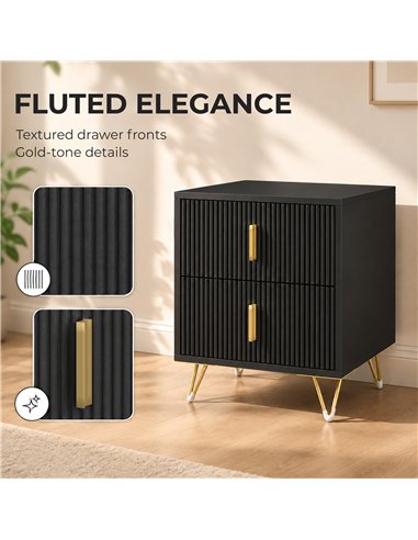 HOMCOM Elegant Fluted Bedside Table - Black/Gold-Tone