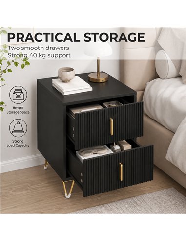 HOMCOM Elegant Fluted Bedside Table - Black/Gold-Tone