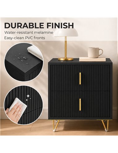 HOMCOM Elegant Fluted Bedside Table - Black/Gold-Tone