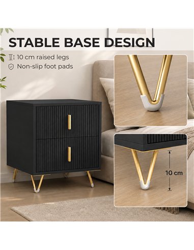 HOMCOM Elegant Fluted Bedside Table - Black/Gold-Tone