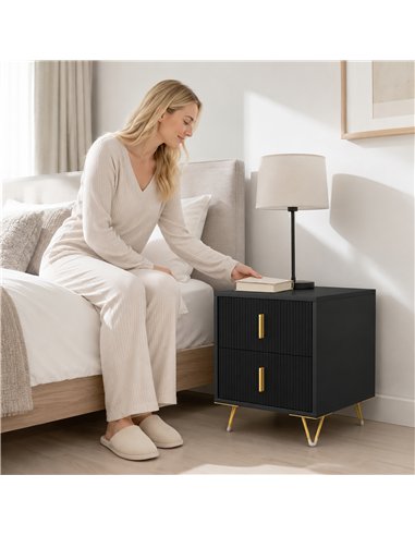 HOMCOM Elegant Fluted Bedside Table - Black/Gold-Tone
