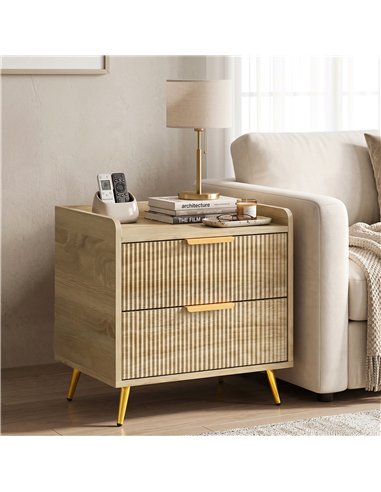 HOMCOM Bedside Table with 2 Drawers, Side End Table with Metal Legs for Bedroom, Living Room, Natural Wood Finish