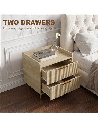 HOMCOM Bedside Table with 2 Drawers, Side End Table with Metal Legs for Bedroom, Living Room, Natural Wood Finish