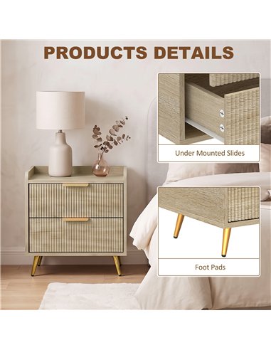 HOMCOM Bedside Table with 2 Drawers, Side End Table with Metal Legs for Bedroom, Living Room, Natural Wood Finish