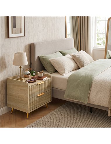 HOMCOM Bedside Table with 2 Drawers, Side End Table with Metal Legs for Bedroom, Living Room, Natural Wood Finish
