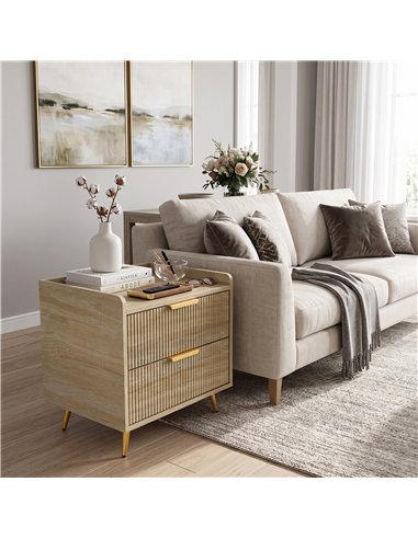 HOMCOM Bedside Table with 2 Drawers, Side End Table with Metal Legs for Bedroom, Living Room, Natural Wood Finish