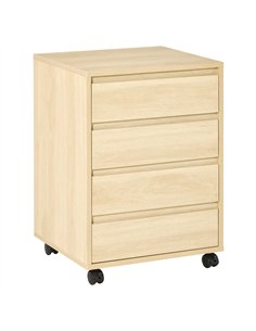 HOMCOM Four-Drawer Office Filing Cabinet, with Wheels - Natural Wood Finish