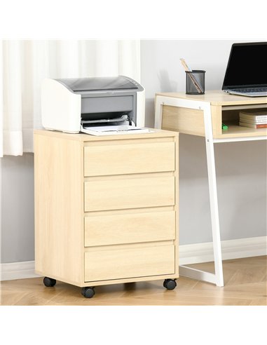 HOMCOM Four-Drawer Office Filing Cabinet, with Wheels - Natural Wood Finish