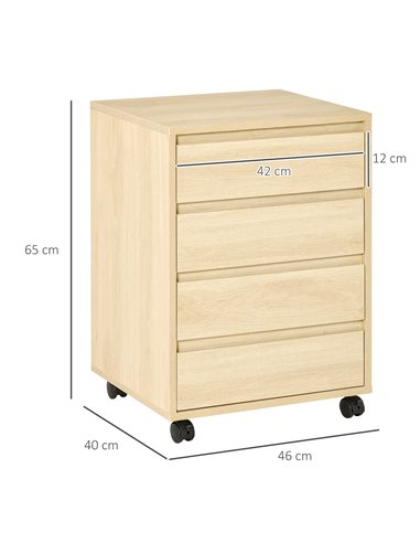 HOMCOM Four-Drawer Office Filing Cabinet, with Wheels - Natural Wood Finish