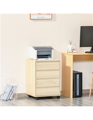 HOMCOM Four-Drawer Office Filing Cabinet, with Wheels - Natural Wood Finish
