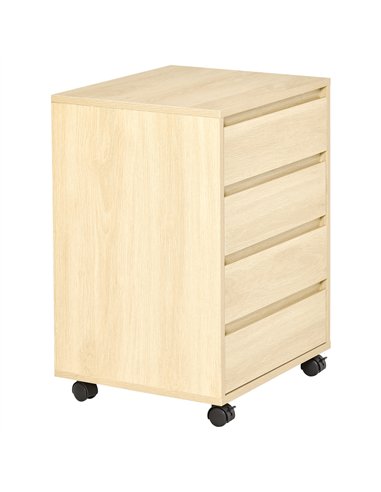 HOMCOM Four-Drawer Office Filing Cabinet, with Wheels - Natural Wood Finish