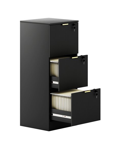 HOMCOM Filing Cabinet, Fluted Vertical File Cabinet with 3 Lockable Drawers and Hanging Rails, Black - pic 211282 | FastDaddyshop