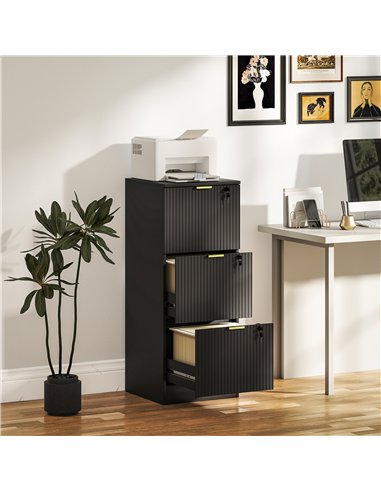 HOMCOM Filing Cabinet, Fluted Vertical File Cabinet with 3 Lockable Drawers and Hanging Rails, Black
