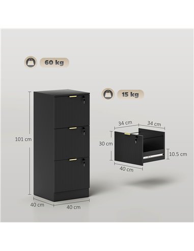 HOMCOM Filing Cabinet, Fluted Vertical File Cabinet with 3 Lockable Drawers and Hanging Rails, Black
