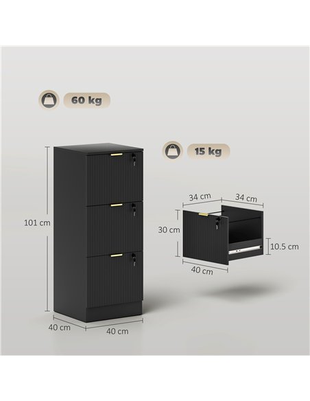 HOMCOM Filing Cabinet, Fluted Vertical File Cabinet with 3 Lockable Drawers and Hanging Rails, Black - pic 211284 | FastDaddyshop