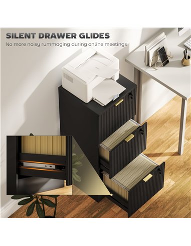 HOMCOM Filing Cabinet, Fluted Vertical File Cabinet with 3 Lockable Drawers and Hanging Rails, Black