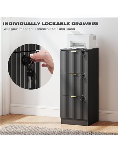 HOMCOM Filing Cabinet, Fluted Vertical File Cabinet with 3 Lockable Drawers and Hanging Rails, Black