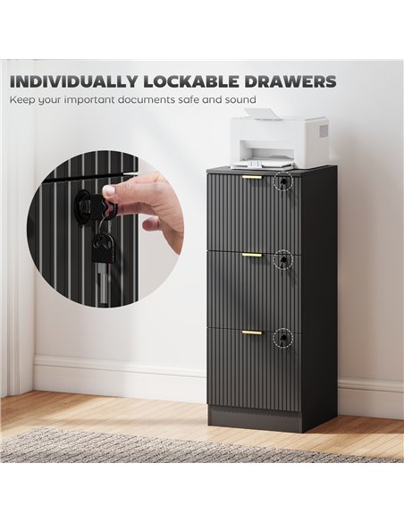HOMCOM Filing Cabinet, Fluted Vertical File Cabinet with 3 Lockable Drawers and Hanging Rails, Black - pic 211287 | FastDaddyshop