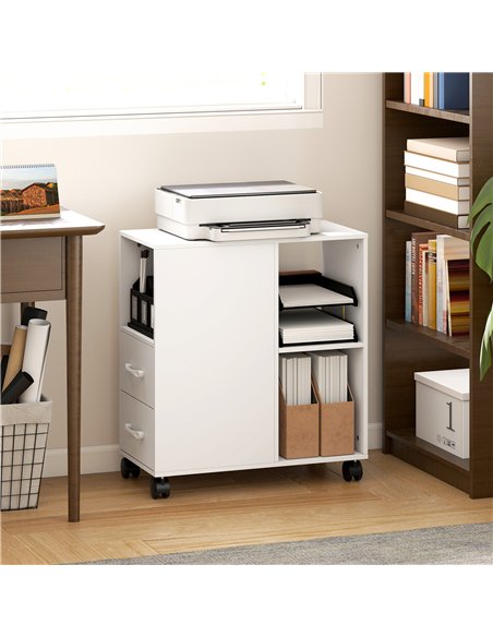 HOMCOM Narrow Mobile Printer Table with Wheels, Rolling Printer Stand with Drawers for Home Office, 30 x 60 x 65 cm, White - pic 211301 | FastDaddyshop