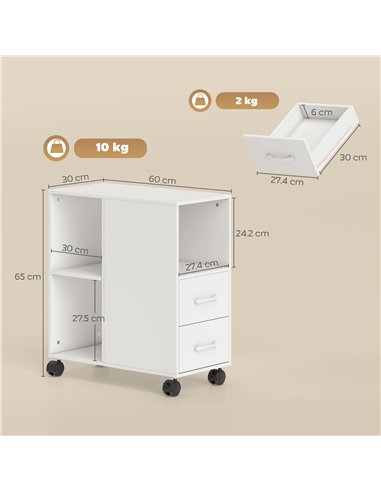 HOMCOM Narrow Mobile Printer Table with Wheels, Rolling Printer Stand with Drawers for Home Office, 30 x 60 x 65 cm, White