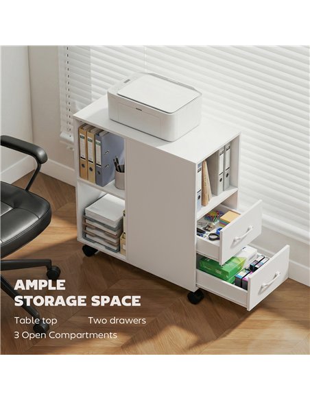 HOMCOM Narrow Mobile Printer Table with Wheels, Rolling Printer Stand with Drawers for Home Office, 30 x 60 x 65 cm, White - pic 211303 | FastDaddyshop