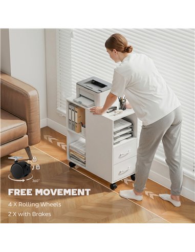 HOMCOM Narrow Mobile Printer Table with Wheels, Rolling Printer Stand with Drawers for Home Office, 30 x 60 x 65 cm, White