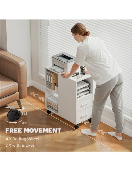 HOMCOM Narrow Mobile Printer Table with Wheels, Rolling Printer Stand with Drawers for Home Office, 30 x 60 x 65 cm, White - pic 211305 | FastDaddyshop