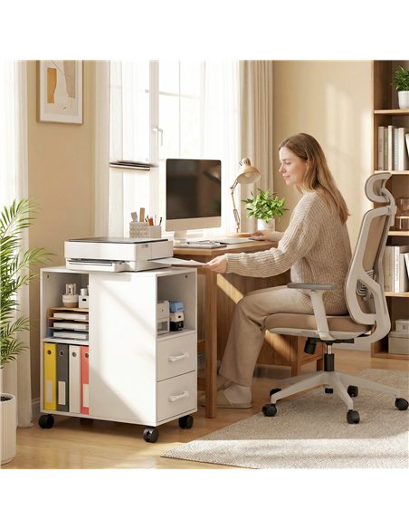 HOMCOM Narrow Mobile Printer Table with Wheels, Rolling Printer Stand with Drawers for Home Office, 30 x 60 x 65 cm, White - pic 211307 | FastDaddyshop