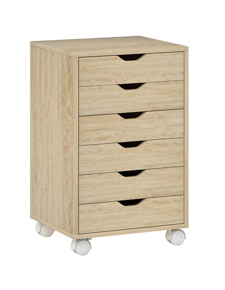 HOMCOM 6 Drawer Vertical File Cabinet, Mobile Filing Cabinet with Quiet Drawers and Wheels with 2 Brakes, Oak Wood Effect - pic 211309 | FastDaddyshop