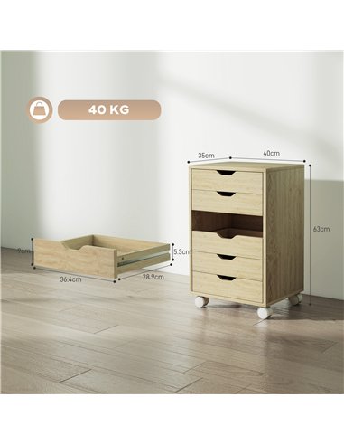 HOMCOM 6 Drawer Vertical File Cabinet, Mobile Filing Cabinet with Quiet Drawers and Wheels with 2 Brakes, Oak Wood Effect