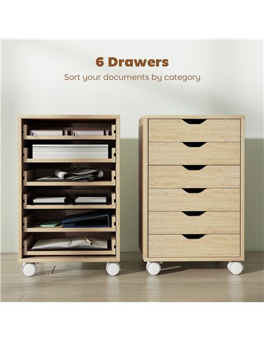 HOMCOM 6 Drawer Vertical File Cabinet, Mobile Filing Cabinet with Quiet Drawers and Wheels with 2 Brakes, Oak Wood Effect