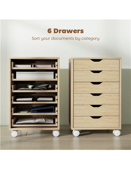 HOMCOM 6 Drawer Vertical File Cabinet, Mobile Filing Cabinet with Quiet Drawers and Wheels with 2 Brakes, Oak Wood Effect - pic 211312 | FastDaddyshop