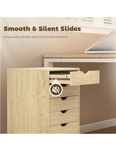 HOMCOM 6 Drawer Vertical File Cabinet, Mobile Filing Cabinet with Quiet Drawers and Wheels with 2 Brakes, Oak Wood Effect