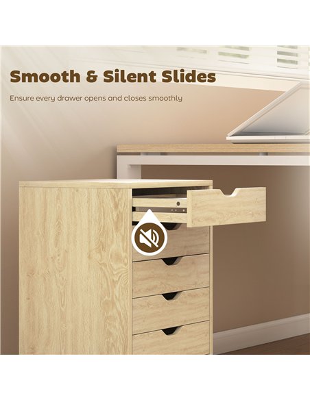 HOMCOM 6 Drawer Vertical File Cabinet, Mobile Filing Cabinet with Quiet Drawers and Wheels with 2 Brakes, Oak Wood Effect - pic 211313 | FastDaddyshop